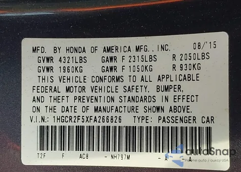 2015 Honda Accord Sport from USA, damaged, VIN 1HGCR2F5XFA266826